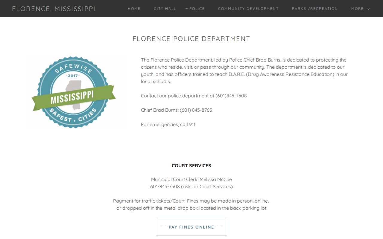Florence Police page showing Court Services and payment options